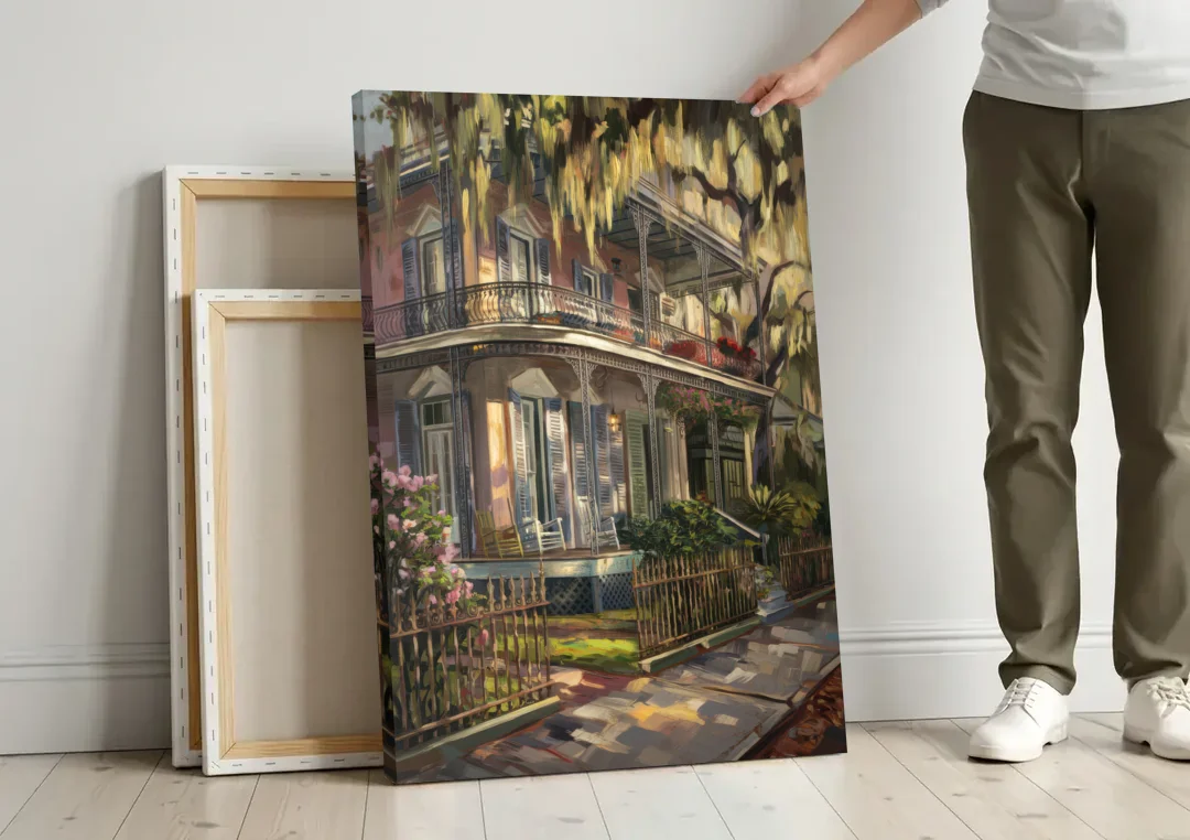 New Orleans Garden District Homes canvas wall art leaning against a wall next to blank canvases