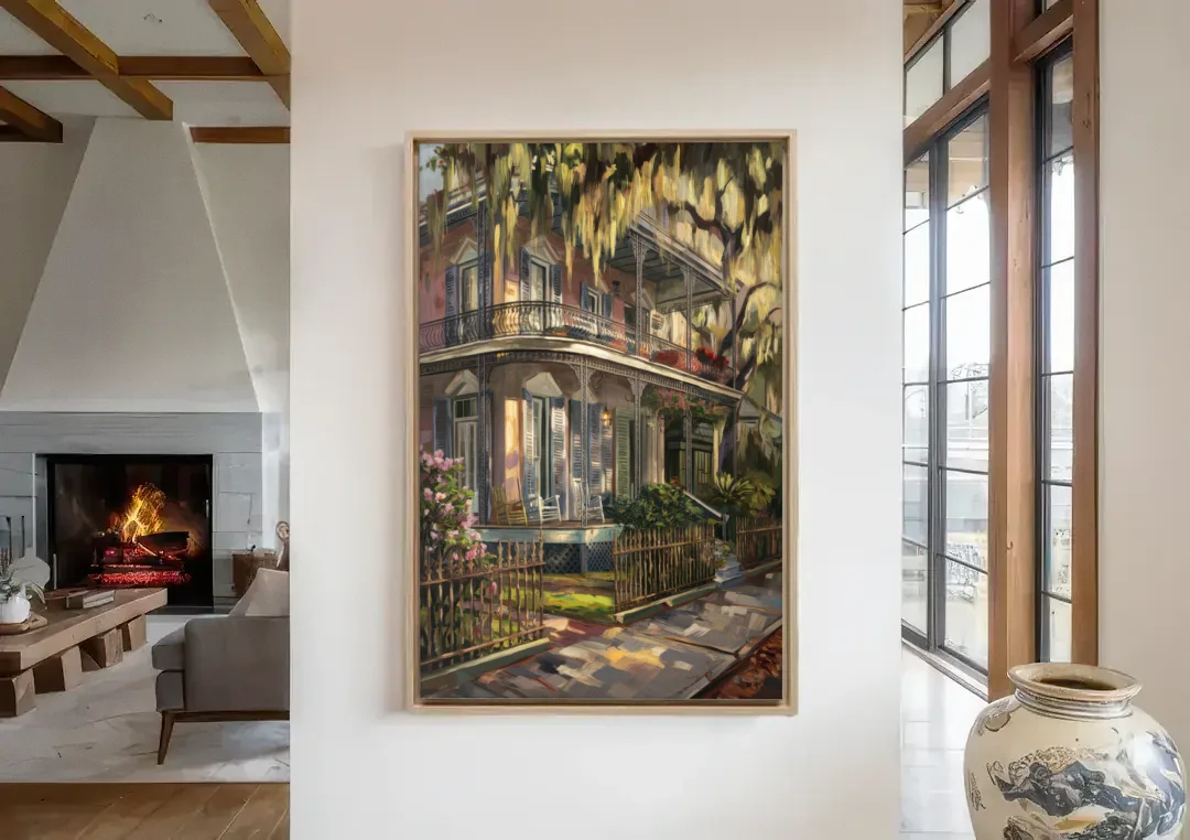 New Orleans Garden District Homes canvas wall art in a living room with a fireplace