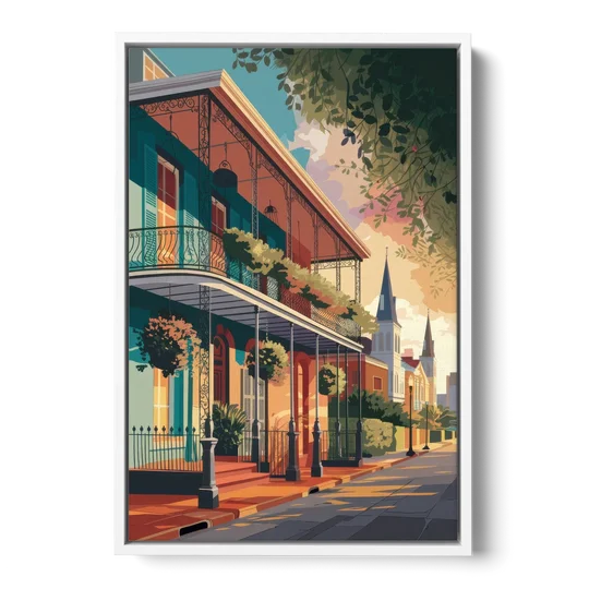 New Orleans Historic Architecture - White Framed Canvas Wall Art - Front