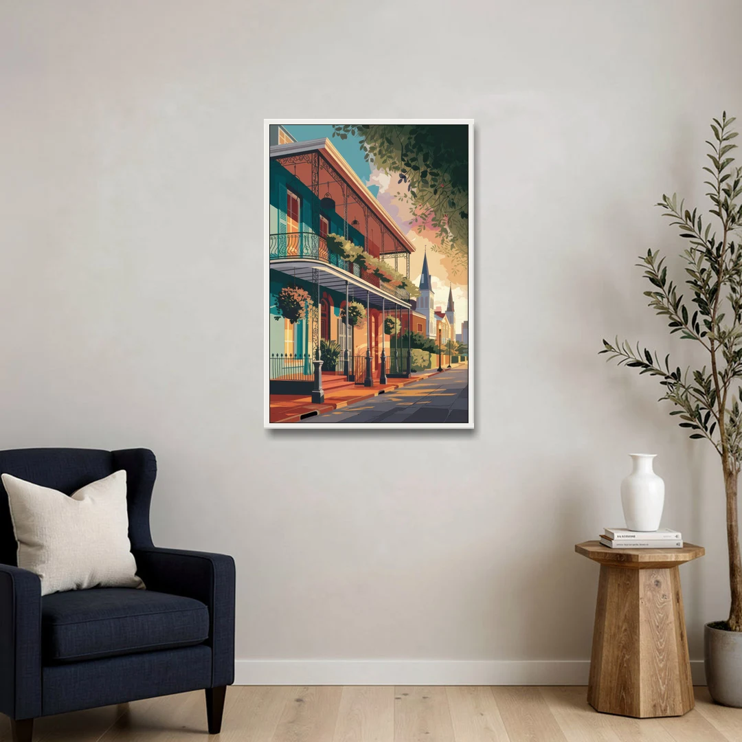 New Orleans Historic Architecture - White Framed Canvas Wall Art - Sofa - 24x36