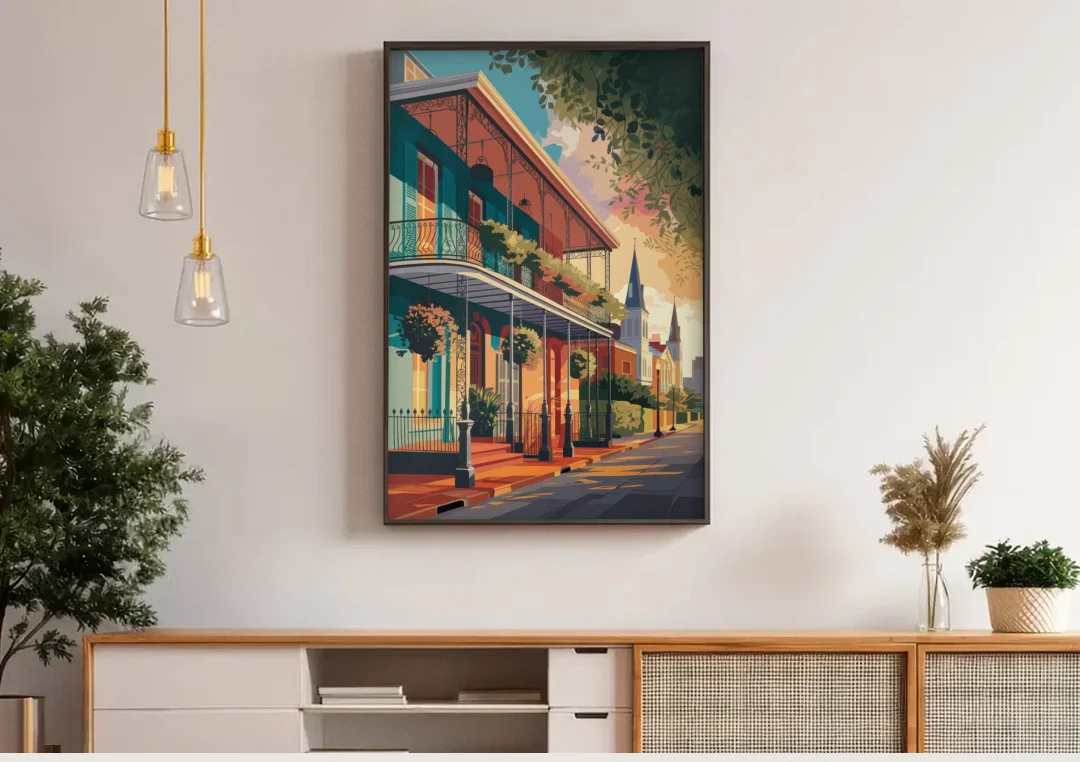 New Orleans Historic Architecture canvas wall art above a wooden sideboard under pendant lights