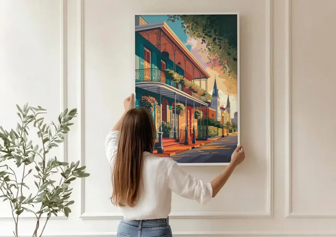 New Orleans Historic Architecture canvas wall art being hung on a paneled wall