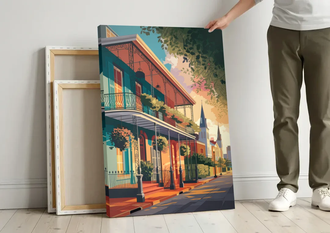 New Orleans Historic Architecture canvas wall art leaning against a wall next to blank canvases