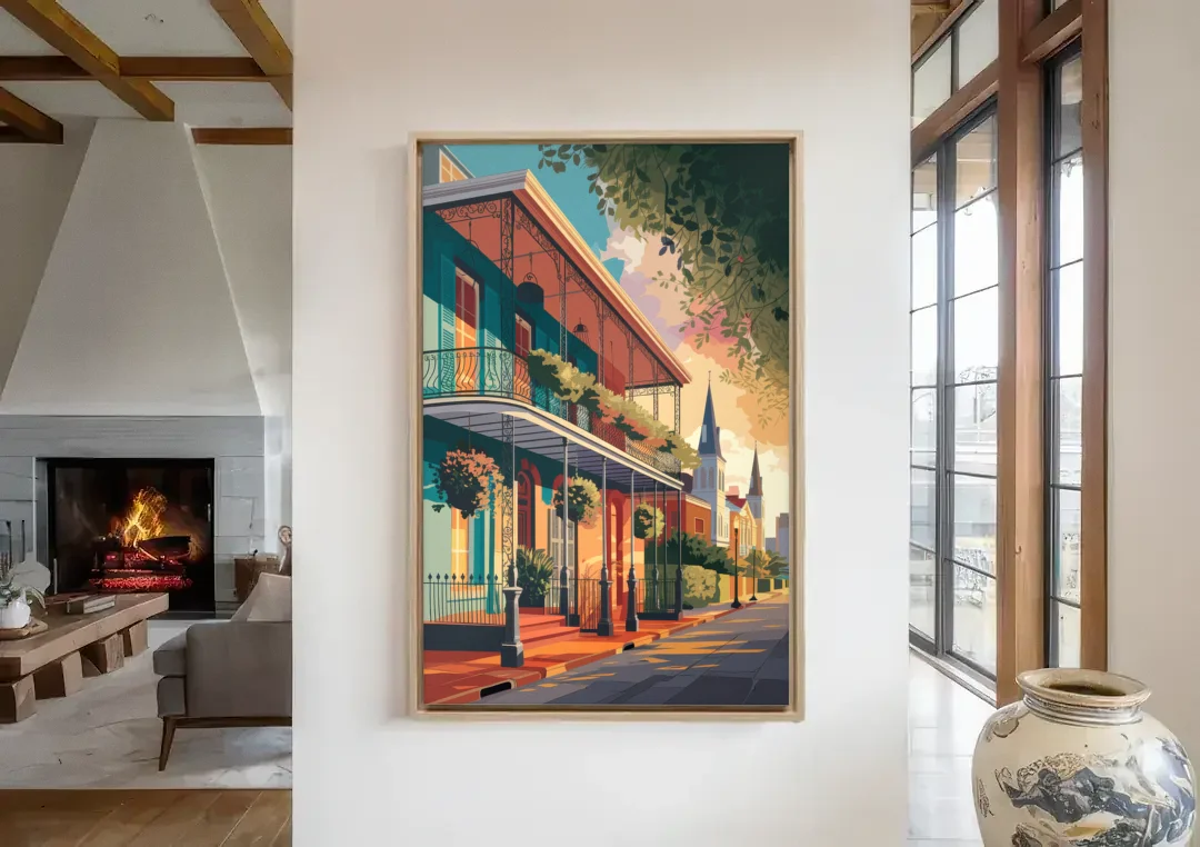 New Orleans Historic Architecture canvas wall art in a living room with a fireplace