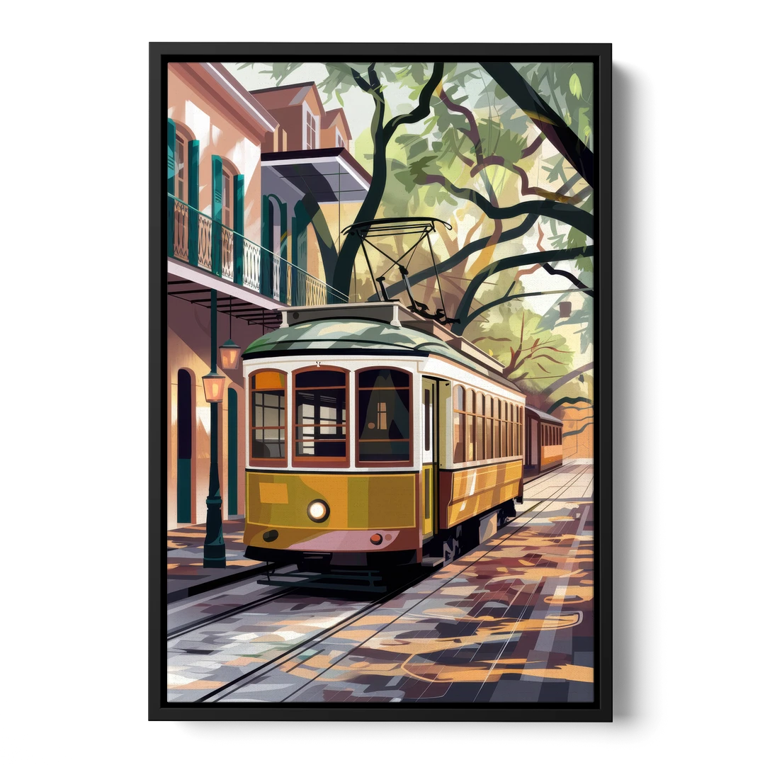 New Orleans Historic Streetcars - Black Framed Canvas Wall Art - Front