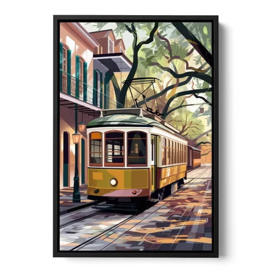 New Orleans Historic Streetcars - Black Framed Canvas Wall Art - Front