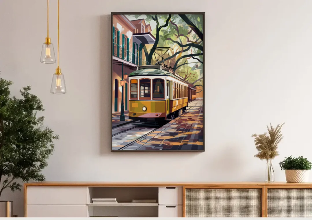 New Orleans Historic Streetcars canvas wall art above a wooden sideboard under pendant lights