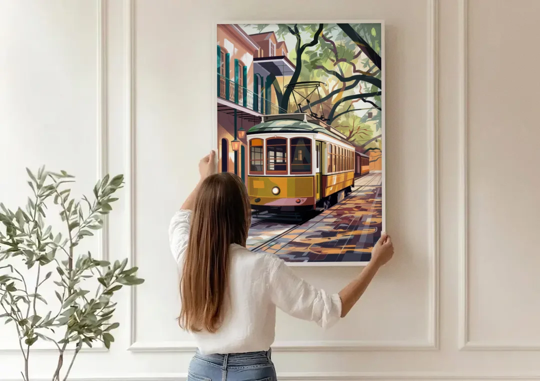 New Orleans Historic Streetcars canvas wall art being hung on a paneled wall