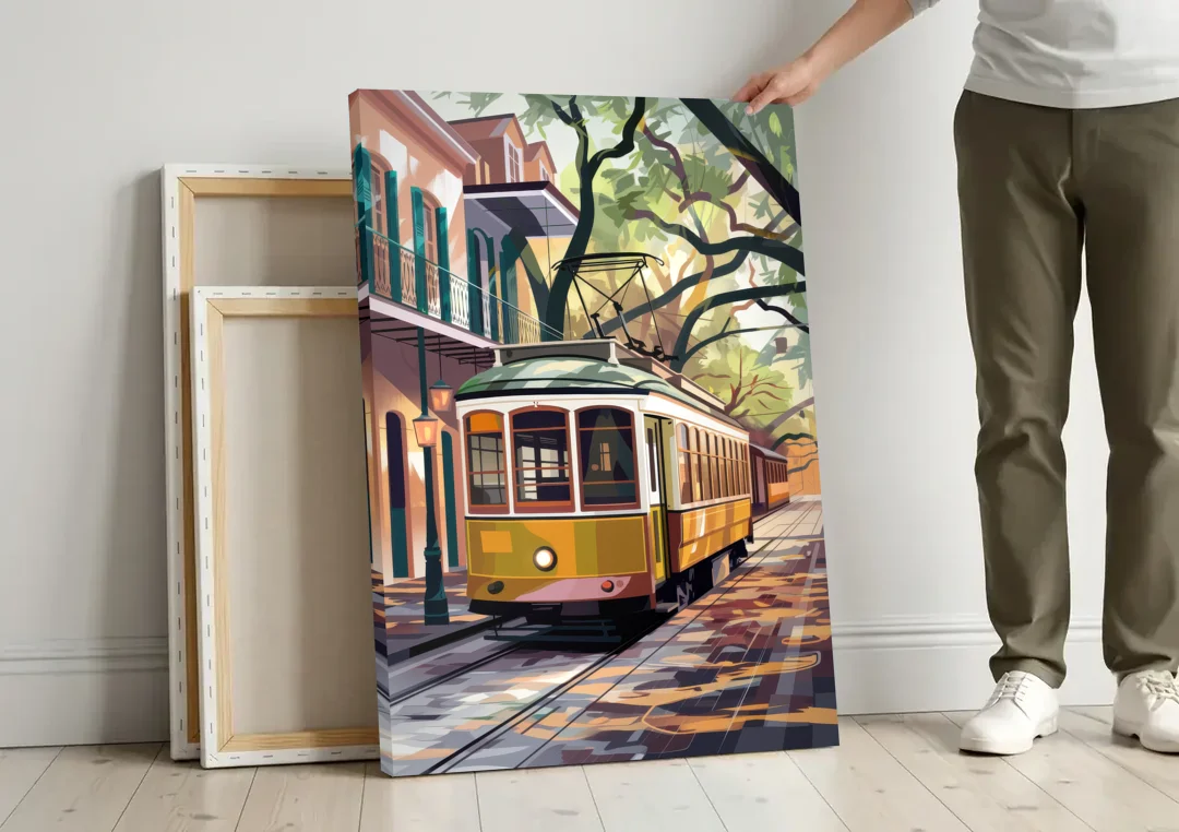 New Orleans Historic Streetcars canvas wall art leaning against a wall next to blank canvases