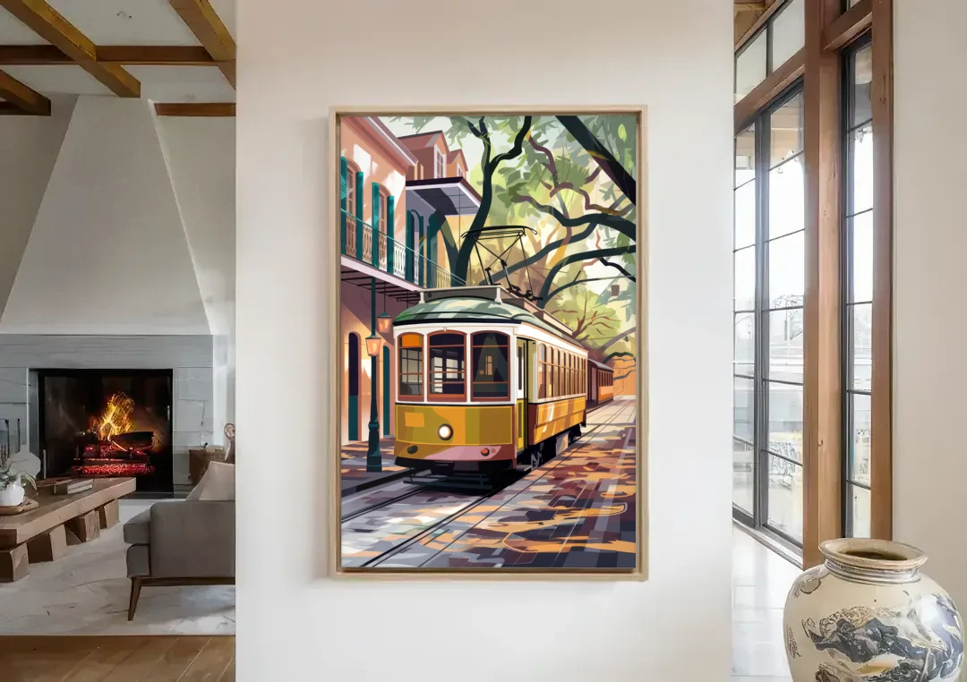 New Orleans Historic Streetcars canvas wall art in a living room with a fireplace