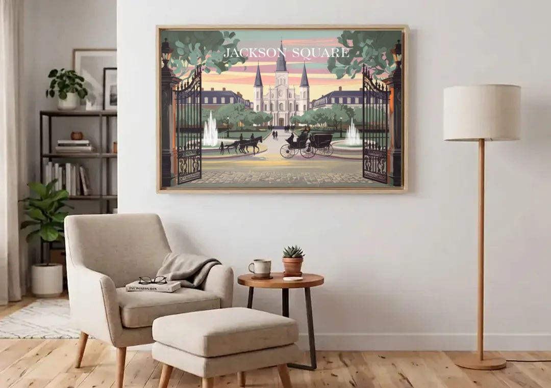 New Orleans Jackson Square canvas wall art above an armchair in a bright living room