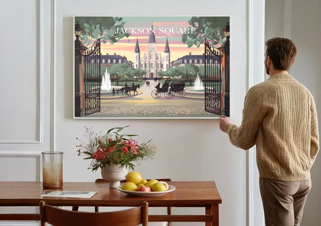 New Orleans Jackson Square canvas wall art above a dining table