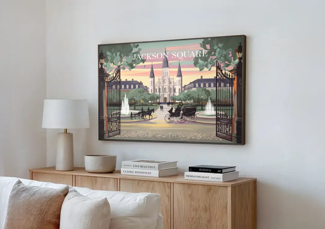 New Orleans Jackson Square canvas wall art above a wooden sideboard next to a sofa