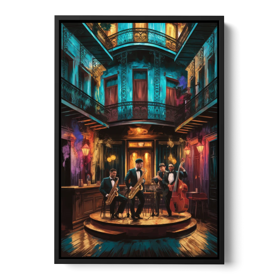 New Orleans Jazz Club Scene - Black Framed Canvas Wall Art - Front