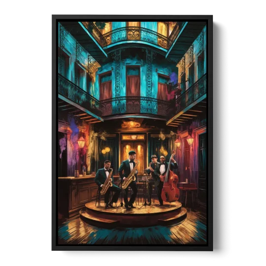 New Orleans Jazz Club Scene - Black Framed Canvas Wall Art - Front