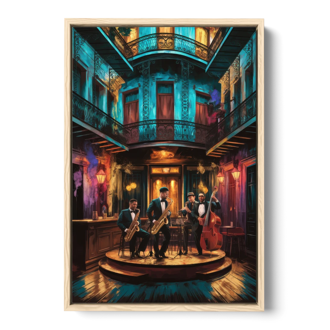 New Orleans Jazz Club Scene - Oak Framed Canvas Wall Art - Front