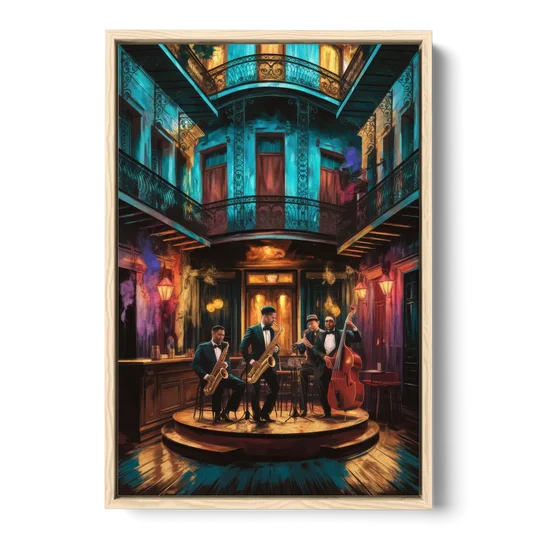 New Orleans Jazz Club Scene - Oak Framed Canvas Wall Art - Front
