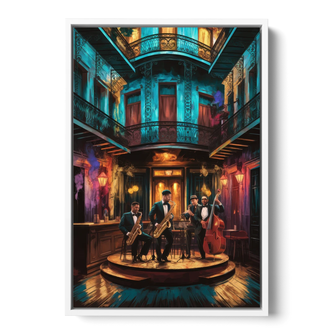 New Orleans Jazz Club Scene - White Framed Canvas Wall Art - Front