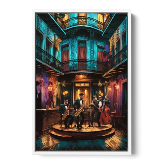 New Orleans Jazz Club Scene - White Framed Canvas Wall Art - Front