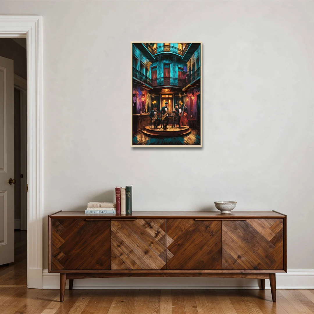 New Orleans Jazz Club Scene - Oak Framed Canvas Wall Art - Coffee Table - 24x36