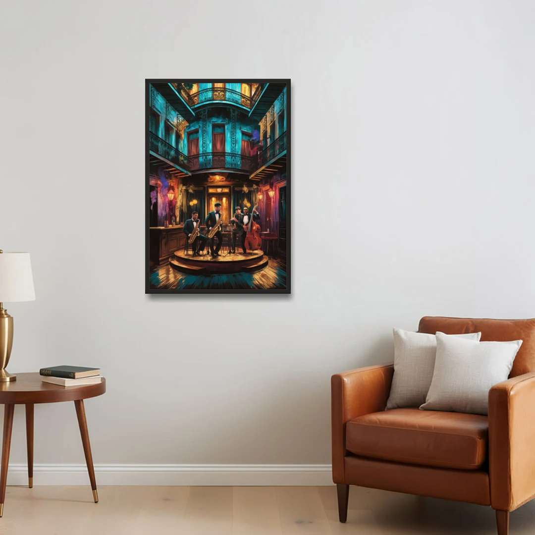 New Orleans Jazz Club Scene - Black Framed Canvas Wall Art - Sofa - 24x36