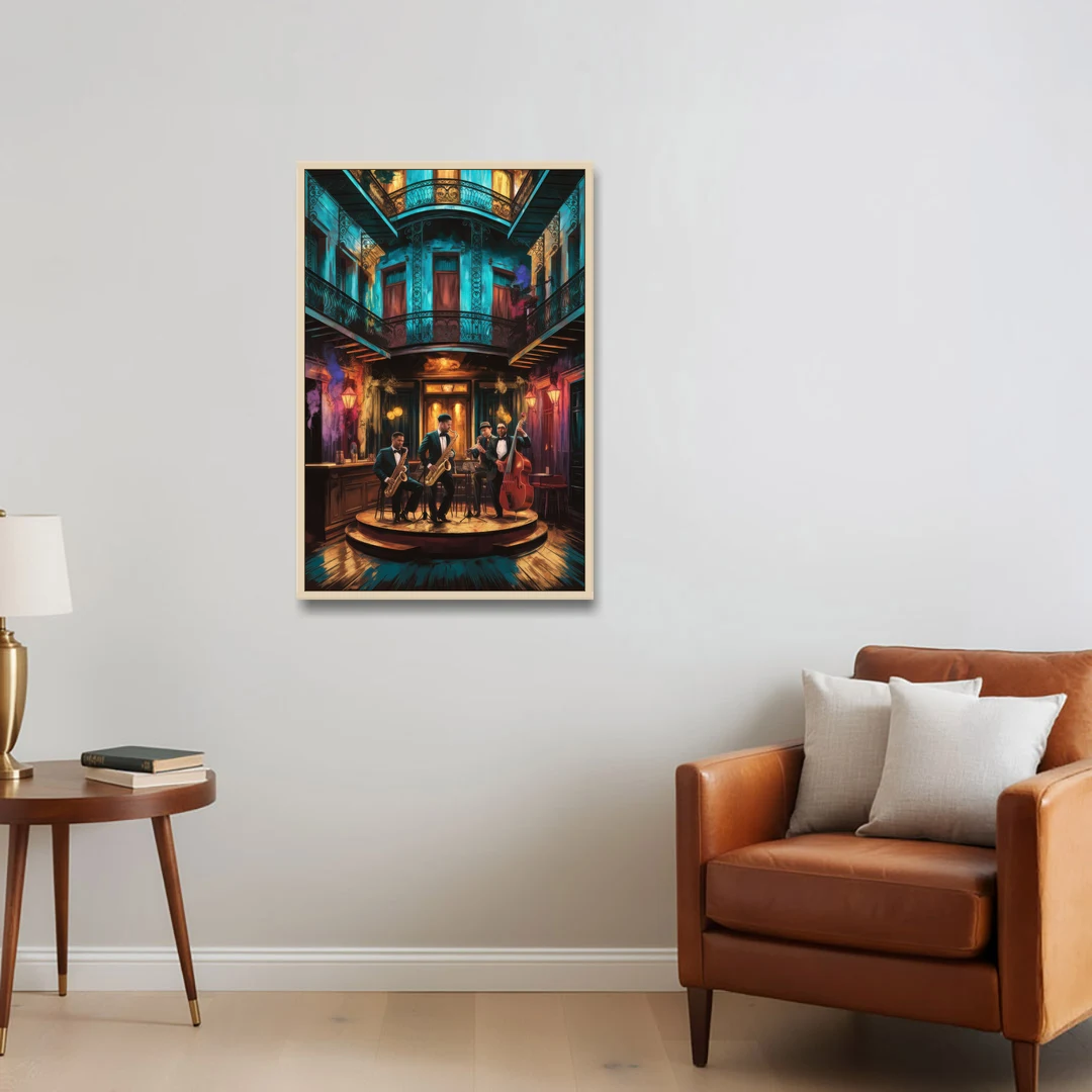 New Orleans Jazz Club Scene - Oak Framed Canvas Wall Art - Sofa - 24x36