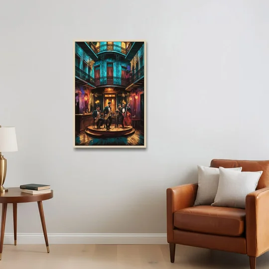 New Orleans Jazz Club Scene - Oak Framed Canvas Wall Art - Sofa - 24x36