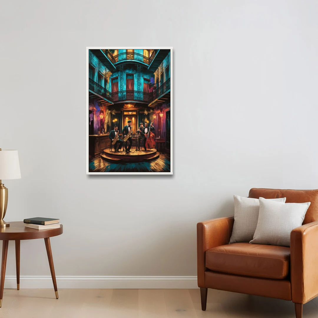 New Orleans Jazz Club Scene - White Framed Canvas Wall Art - Sofa - 24x36