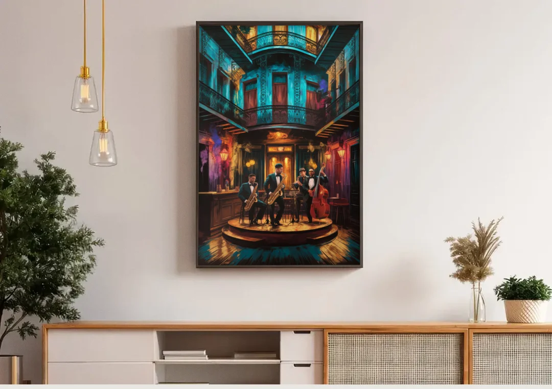 New Orleans Jazz Club Scene canvas wall art above a wooden sideboard under pendant lights