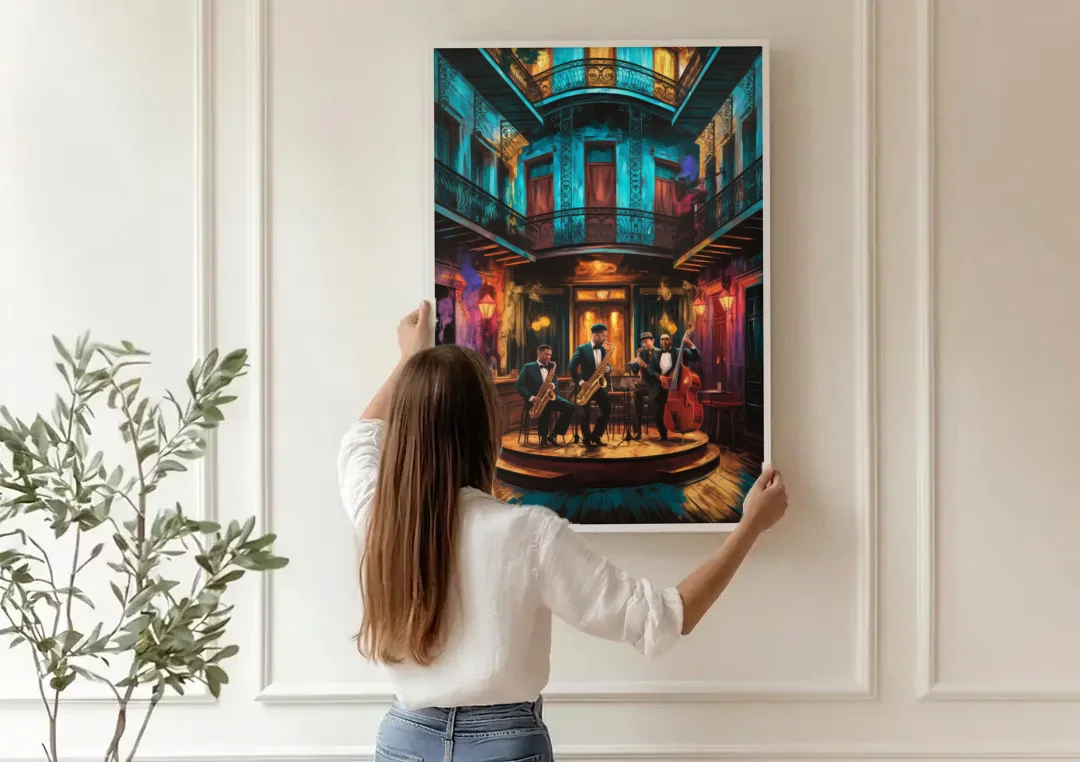 New Orleans Jazz Club Scene canvas wall art being hung on a paneled wall