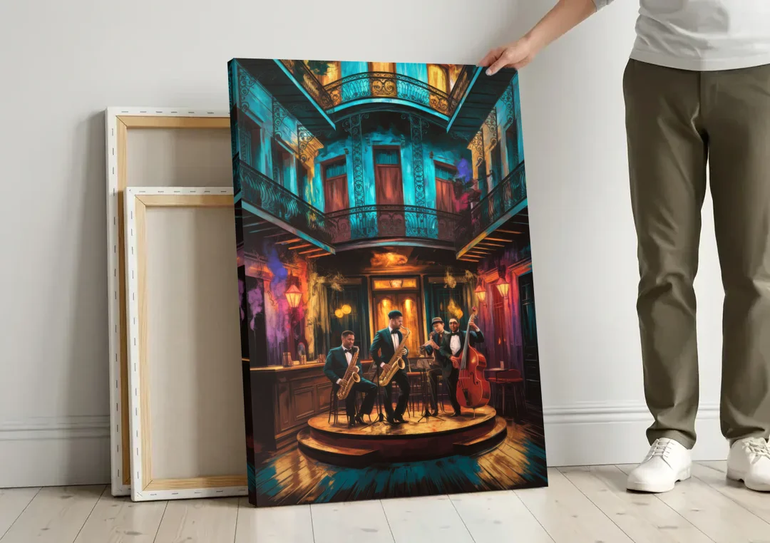 New Orleans Jazz Club Scene canvas wall art leaning against a wall next to blank canvases