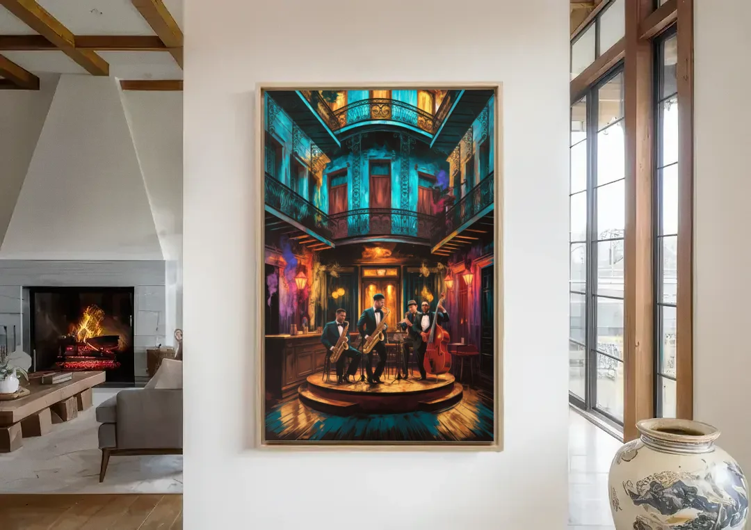 New Orleans Jazz Club Scene canvas wall art in a living room with a fireplace