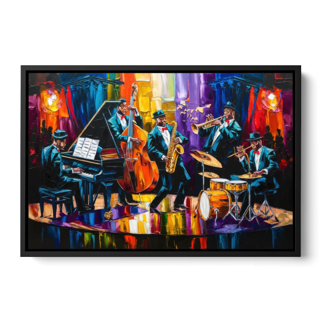 New Orleans Jazz Musicians - Black Framed Canvas Wall Art - Front