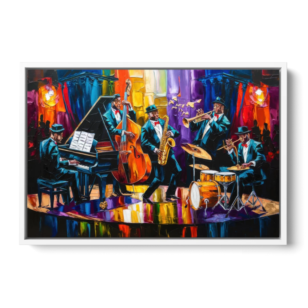 New Orleans Jazz Musicians - White Framed Canvas Wall Art - Front