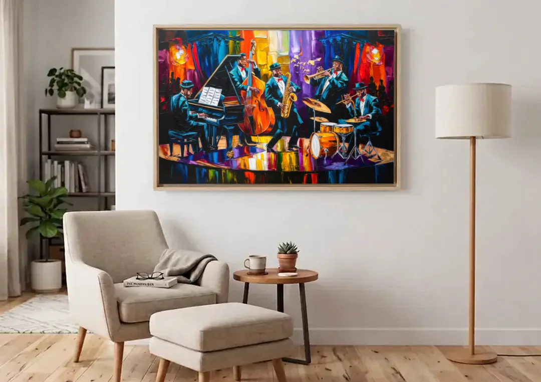 New Orleans Jazz Musicians canvas wall art above an armchair in a bright living room