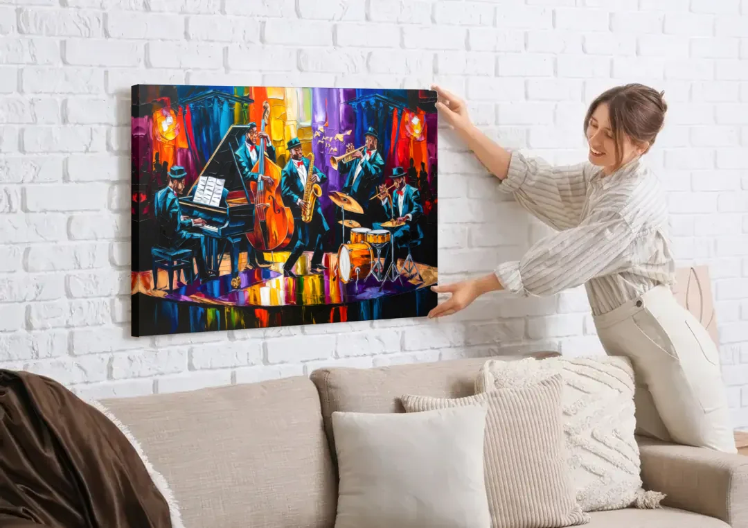 New Orleans Jazz Musicians canvas wall art being hung on a white brick wall above a sofa