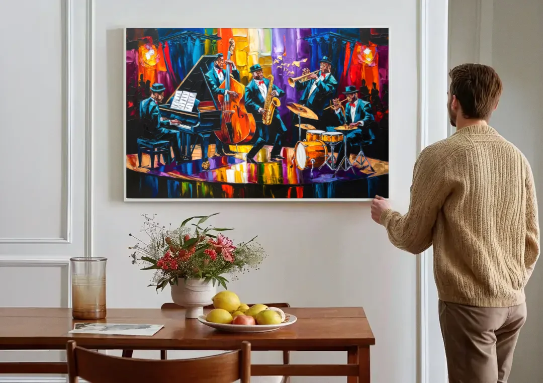 New Orleans Jazz Musicians canvas wall art above a dining table