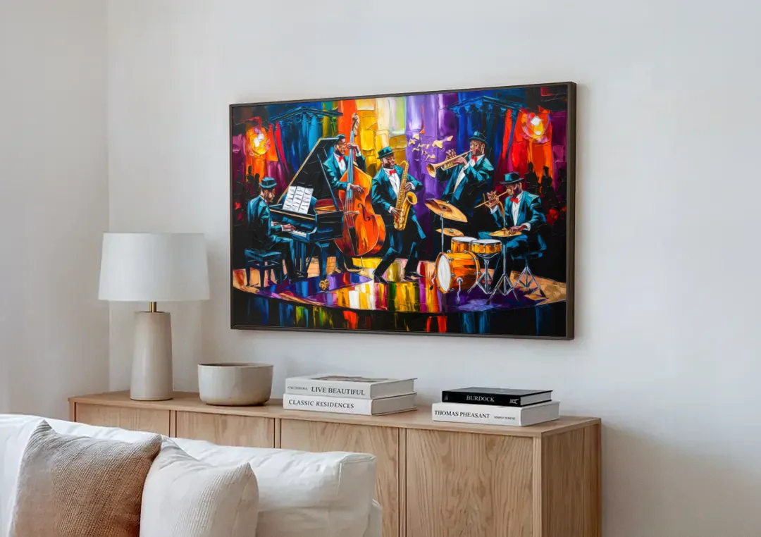 New Orleans Jazz Musicians canvas wall art above a wooden sideboard next to a sofa