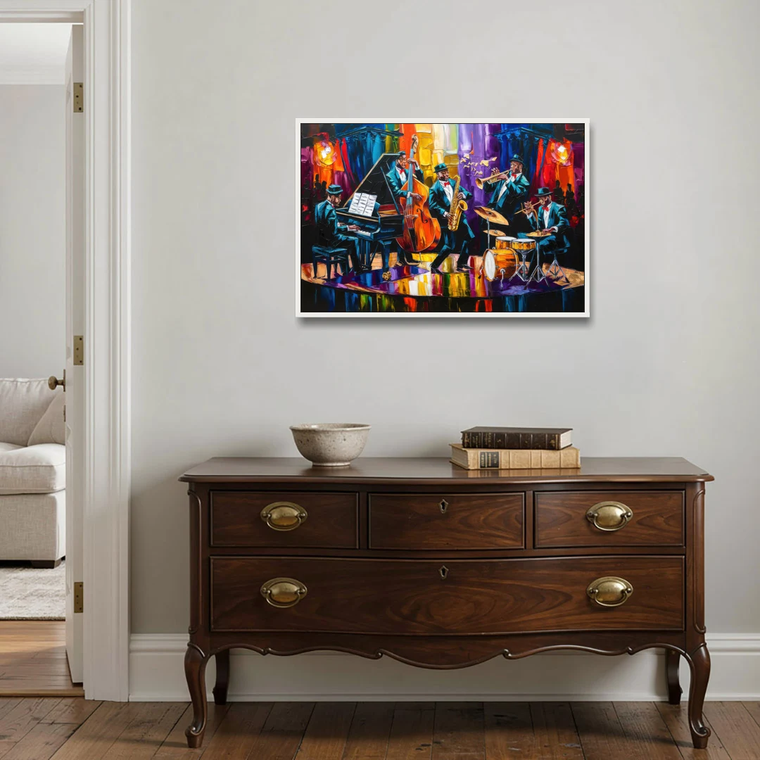 New Orleans Jazz Musicians - White Framed Canvas Wall Art - Coffee Table - 36x24