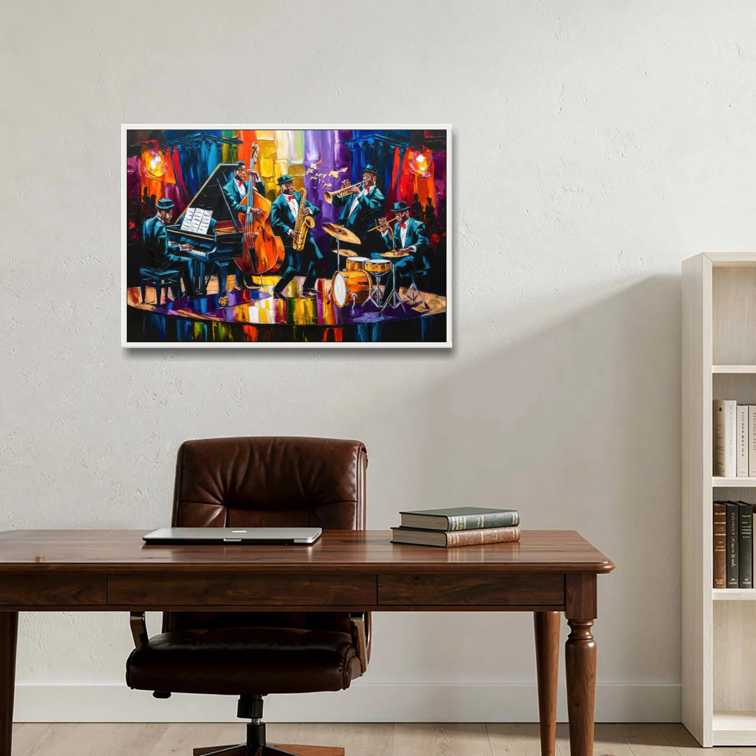 New Orleans Jazz Musicians - White Framed Canvas Wall Art - Office - 36x24