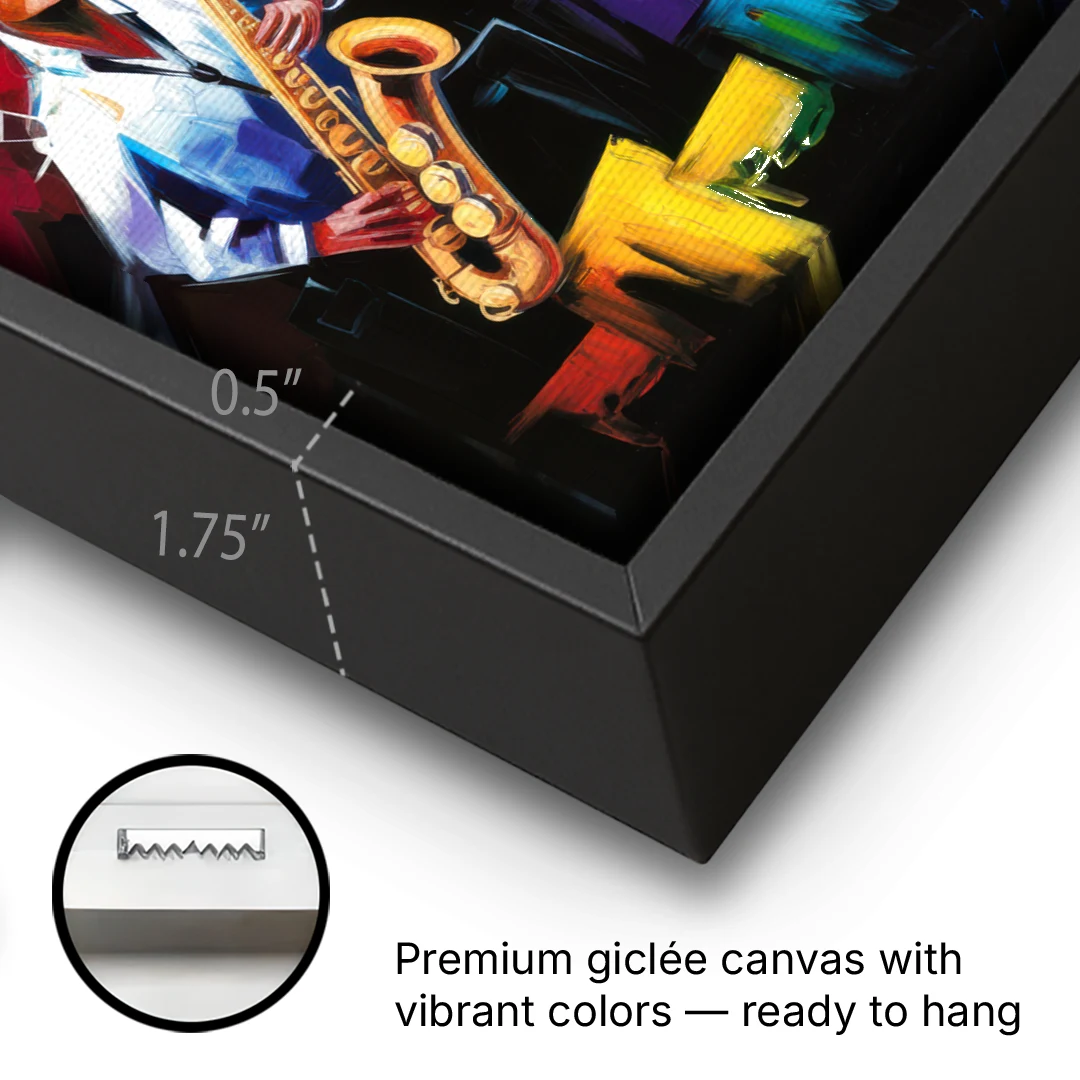 New Orleans Jazz Scene - Black Framed Canvas Wall Art - Gallery Wrap Corner
