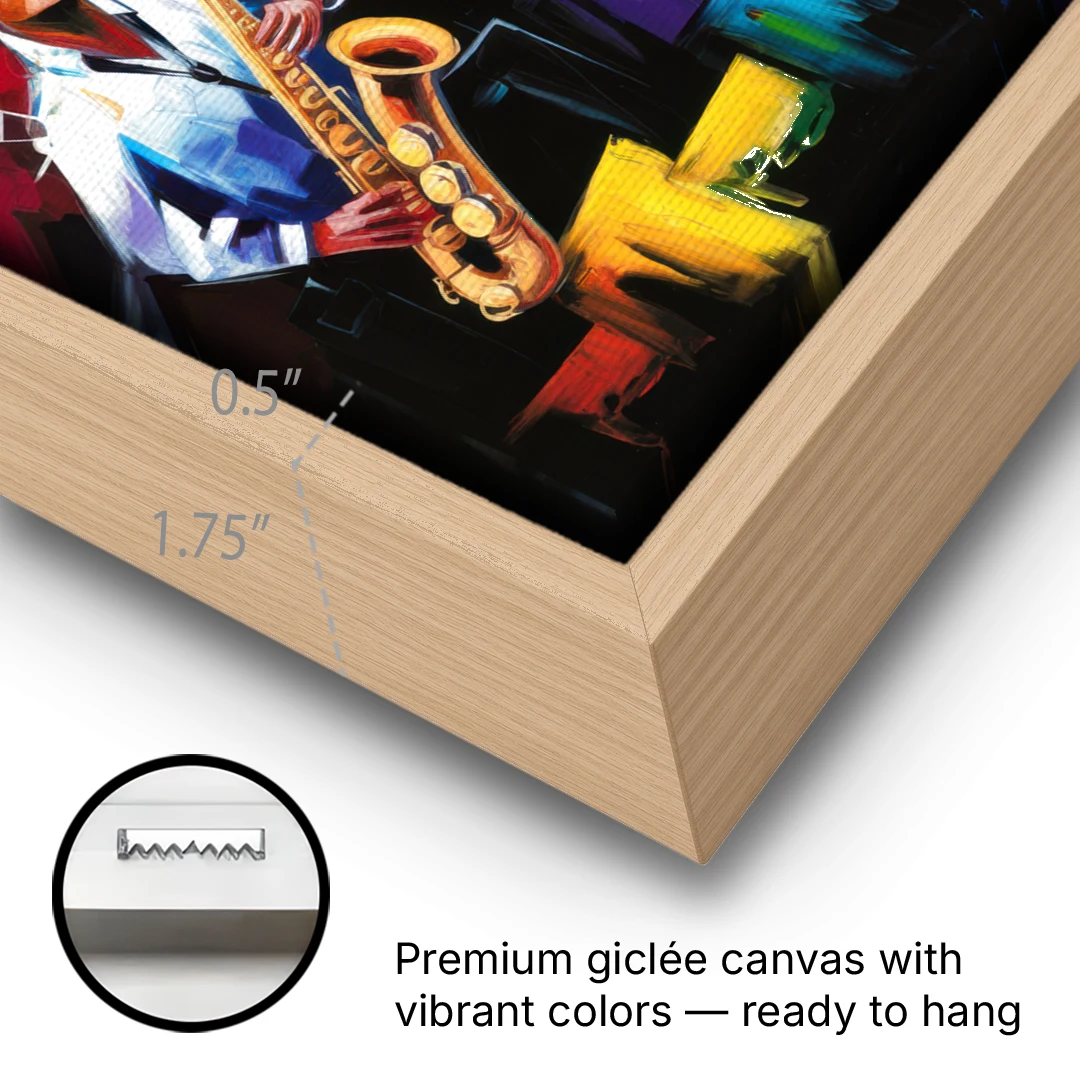 New Orleans Jazz Scene - Oak Framed Canvas Wall Art - Gallery Wrap Corner