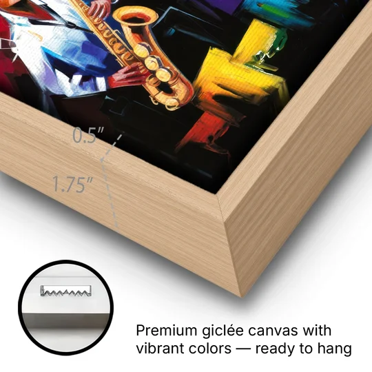 New Orleans Jazz Scene - Oak Framed Canvas Wall Art - Gallery Wrap Corner