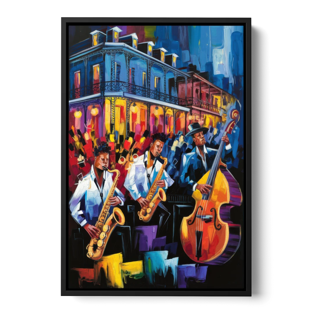 New Orleans Jazz Scene - Black Framed Canvas Wall Art - Front