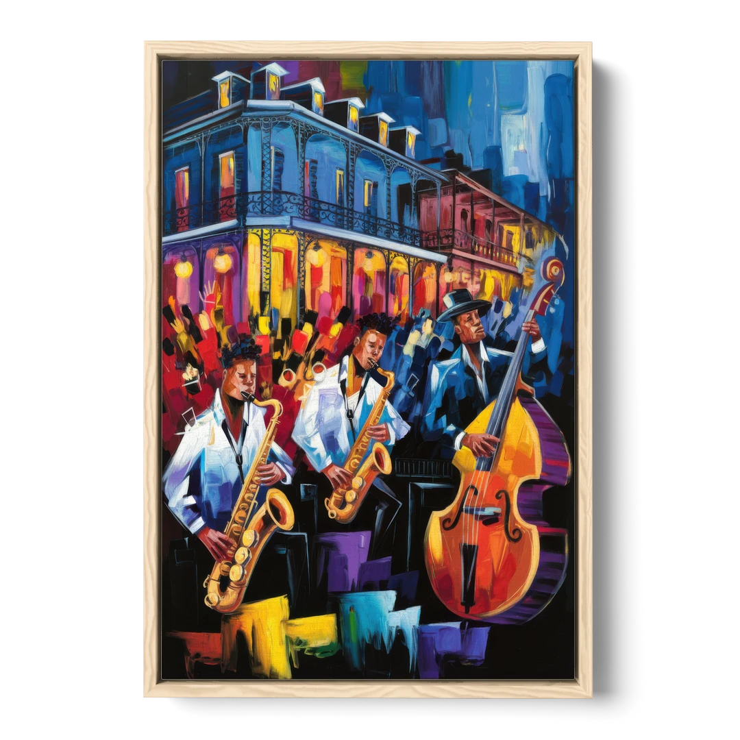 New Orleans Jazz Scene - Oak Framed Canvas Wall Art - Front