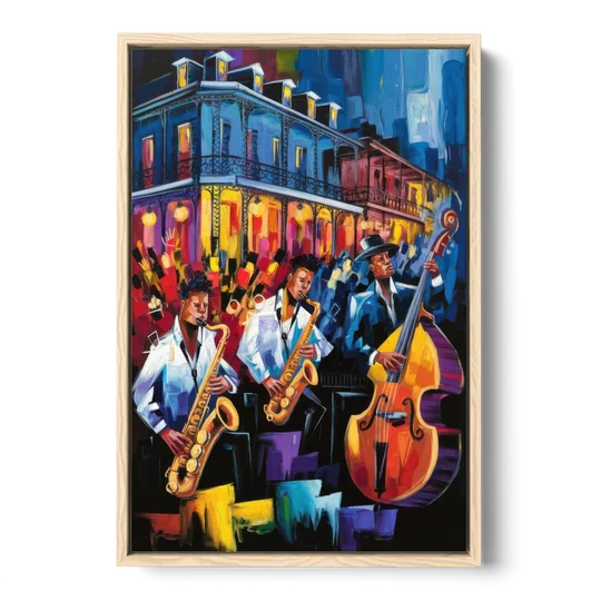 New Orleans Jazz Scene - Oak Framed Canvas Wall Art - Front