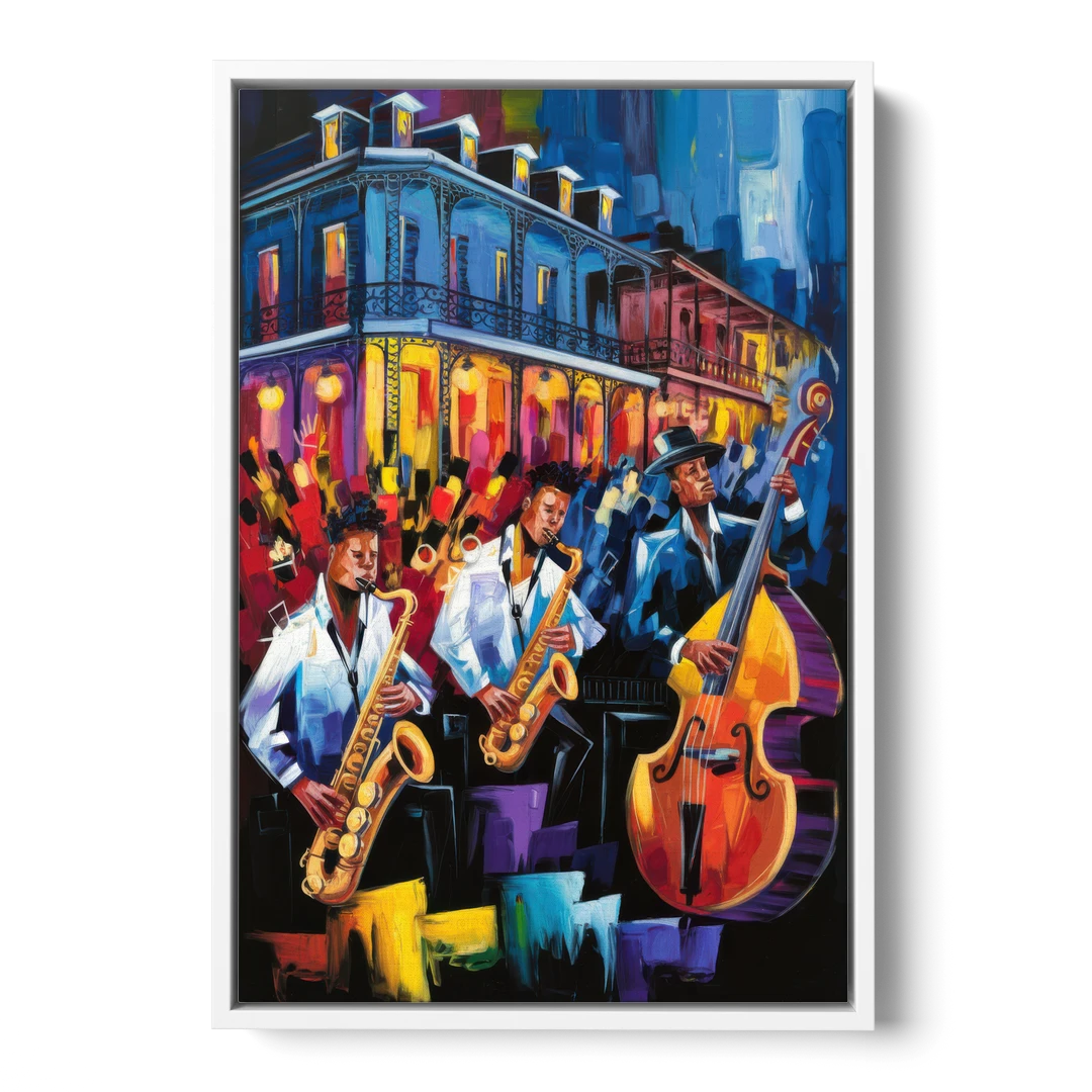 New Orleans Jazz Scene - White Framed Canvas Wall Art - Front