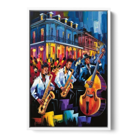 New Orleans Jazz Scene - White Framed Canvas Wall Art - Front