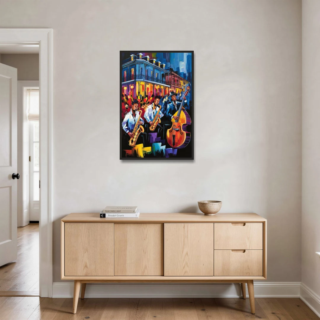 New Orleans Jazz Scene - Black Framed Canvas Wall Art - Coffee Table - 24x36