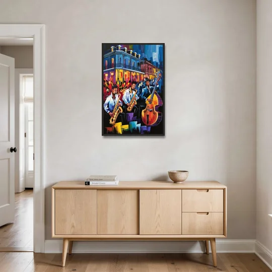 New Orleans Jazz Scene - Black Framed Canvas Wall Art - Coffee Table - 24x36